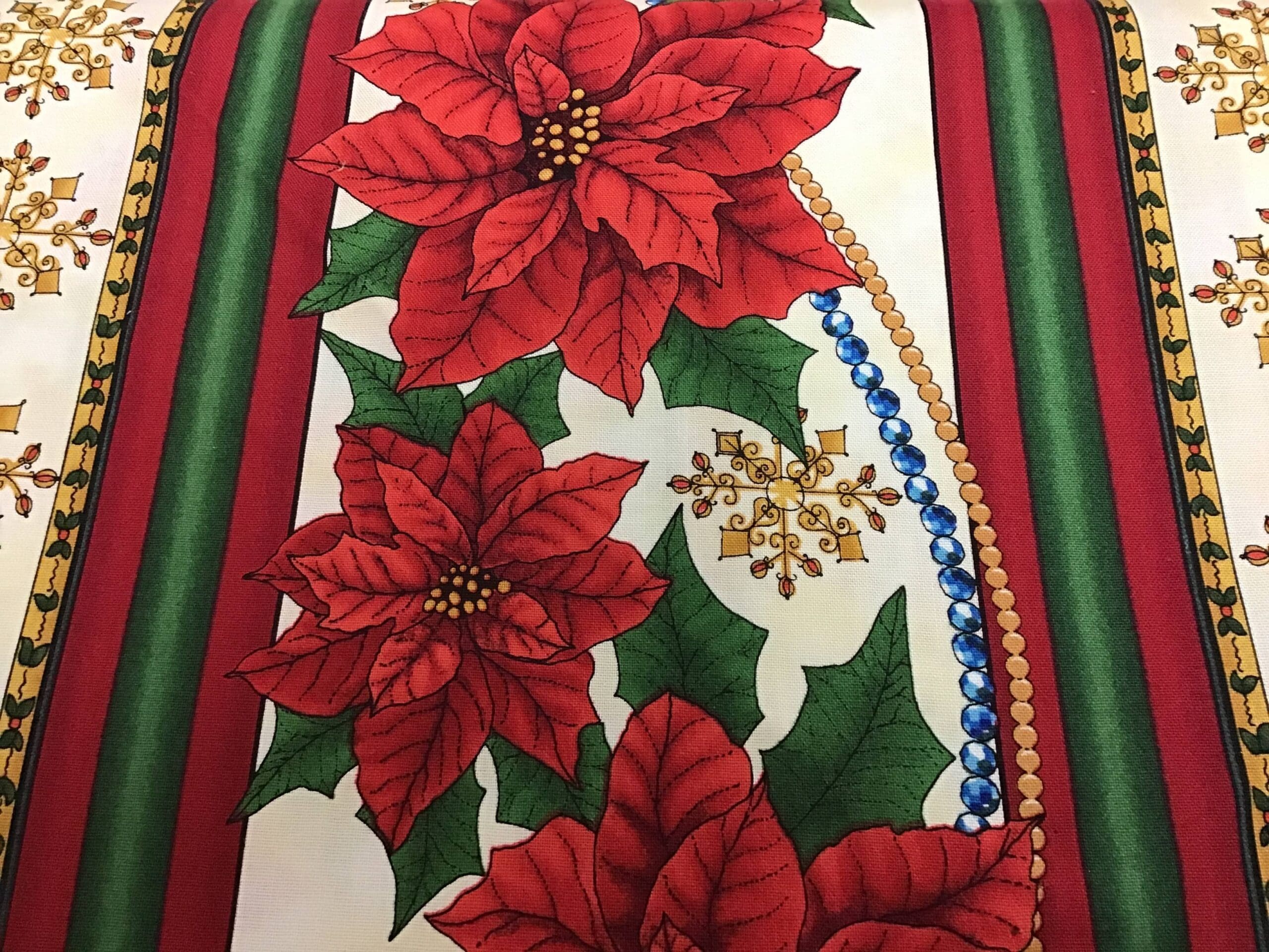 POINSETTIA STRIPE Red Green on Cream Christmas Fabric POINSETTIA STRIPE Red Green on Cream Christmas Fabric