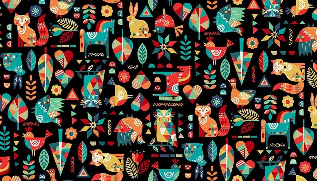 Folk Friends 2300X Folk Friends Animals Black by Makower fabric Folk Friends 2300X Folk Friends Animals Black by Makower fabric