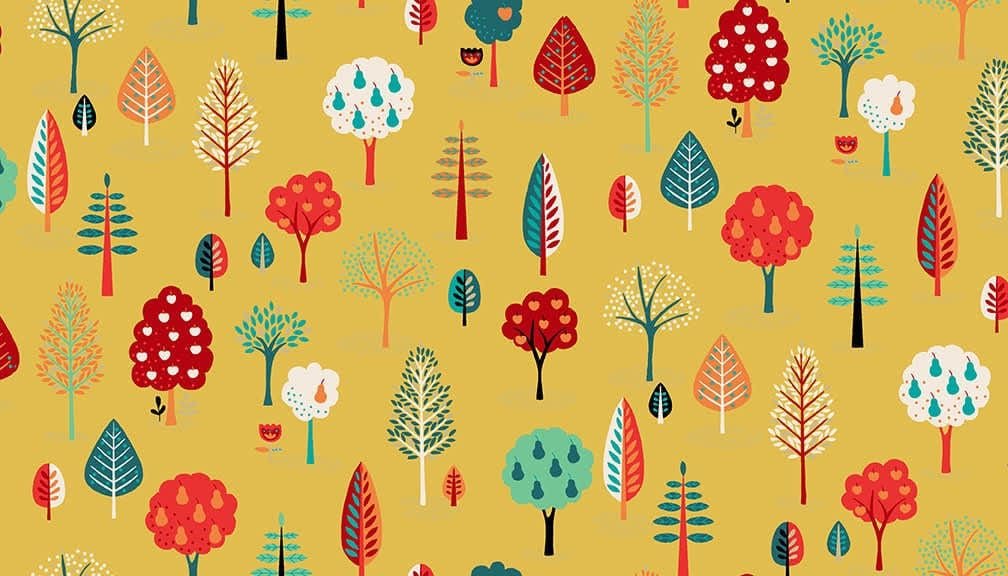 Folk Friends 2305Y Trees Yellow by Makower fabric Folk Friends 2305Y Trees Yellow by Makower fabric