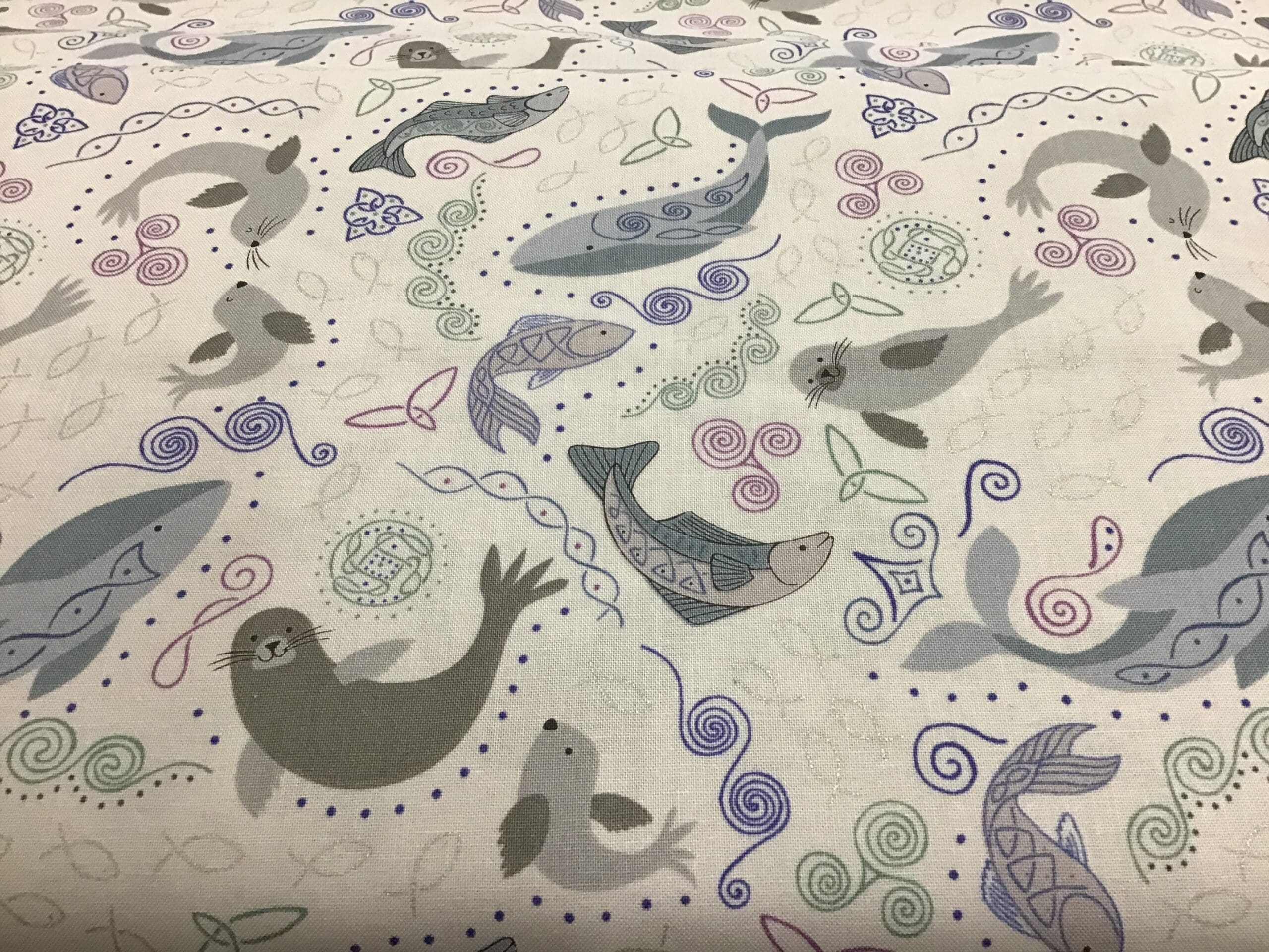 Iona North Seas A4791 seals and whales on grey fabric by Lewis & Irene Iona North Seas A4791 seals and whales on grey fabric by Lewis & Irene