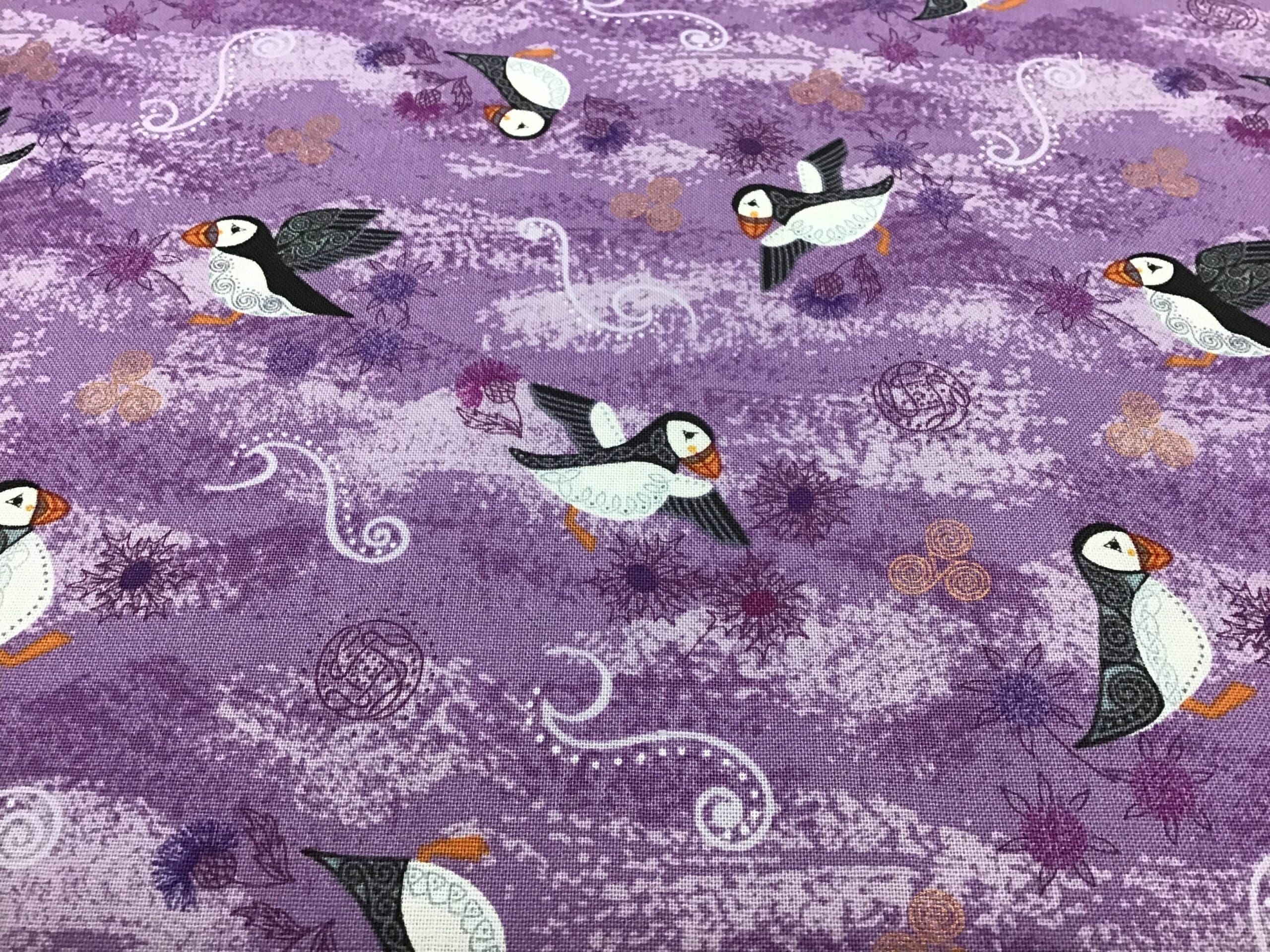 Iona Puffins A4833 Purple Lilac fabric by Lewis & Irene Iona Puffins A4833 Purple Lilac Fabric By Lewis & Irene