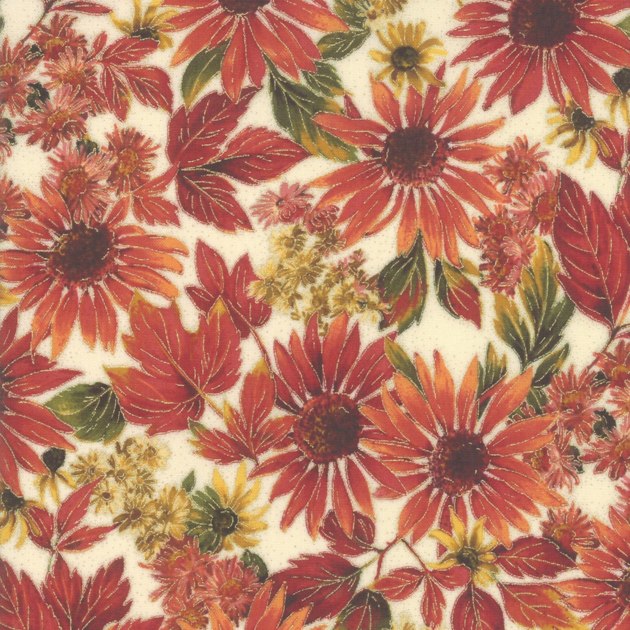 Arboretum 3353111m metallic fabric red sunflowers on cream by Moda 33531 11m 54450.1603536890