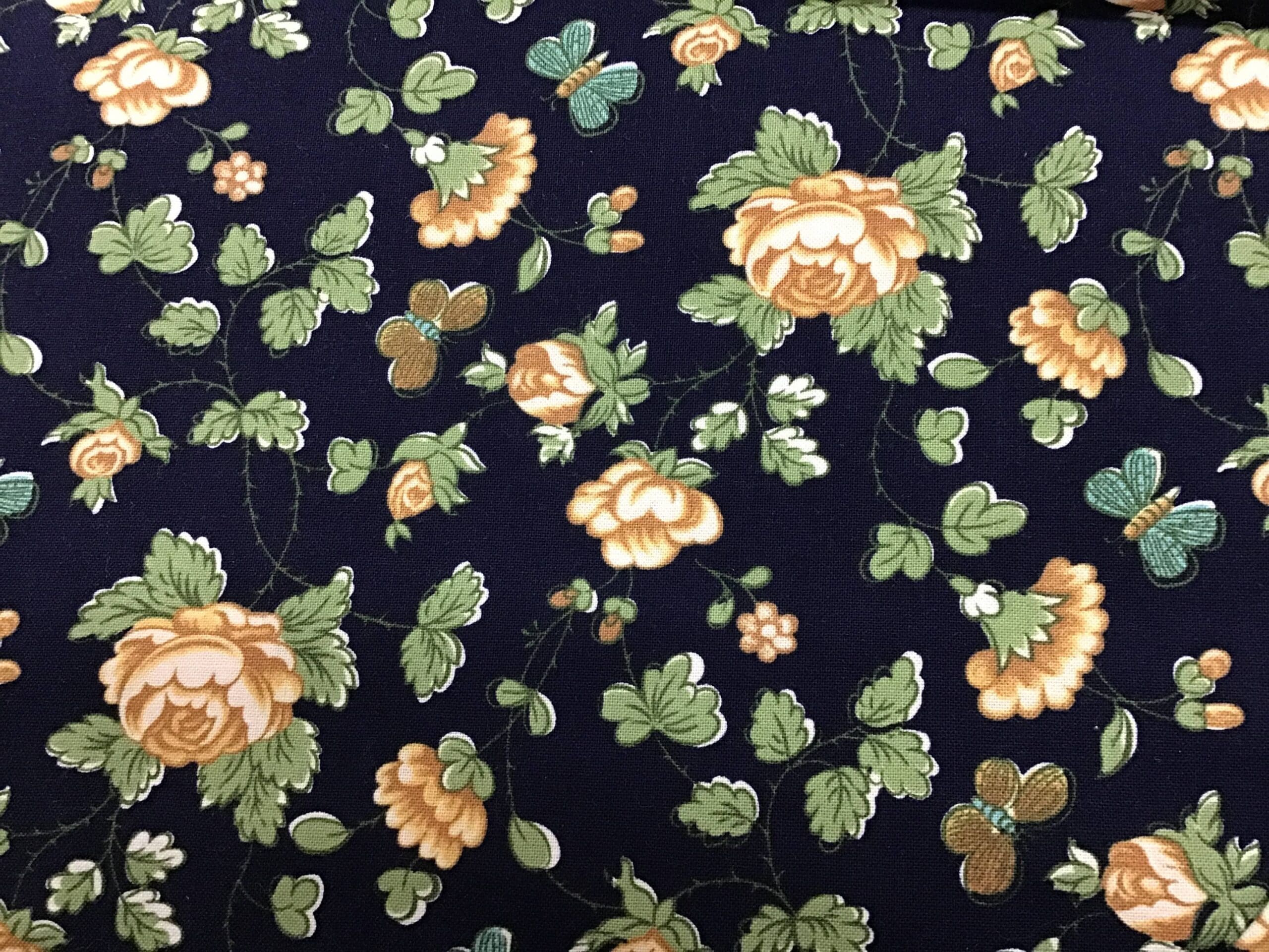 FLOWERPOT yellow Roses and butterflies on navy fabric FLOWERPOT yellow Roses and butterflies on navy fabric