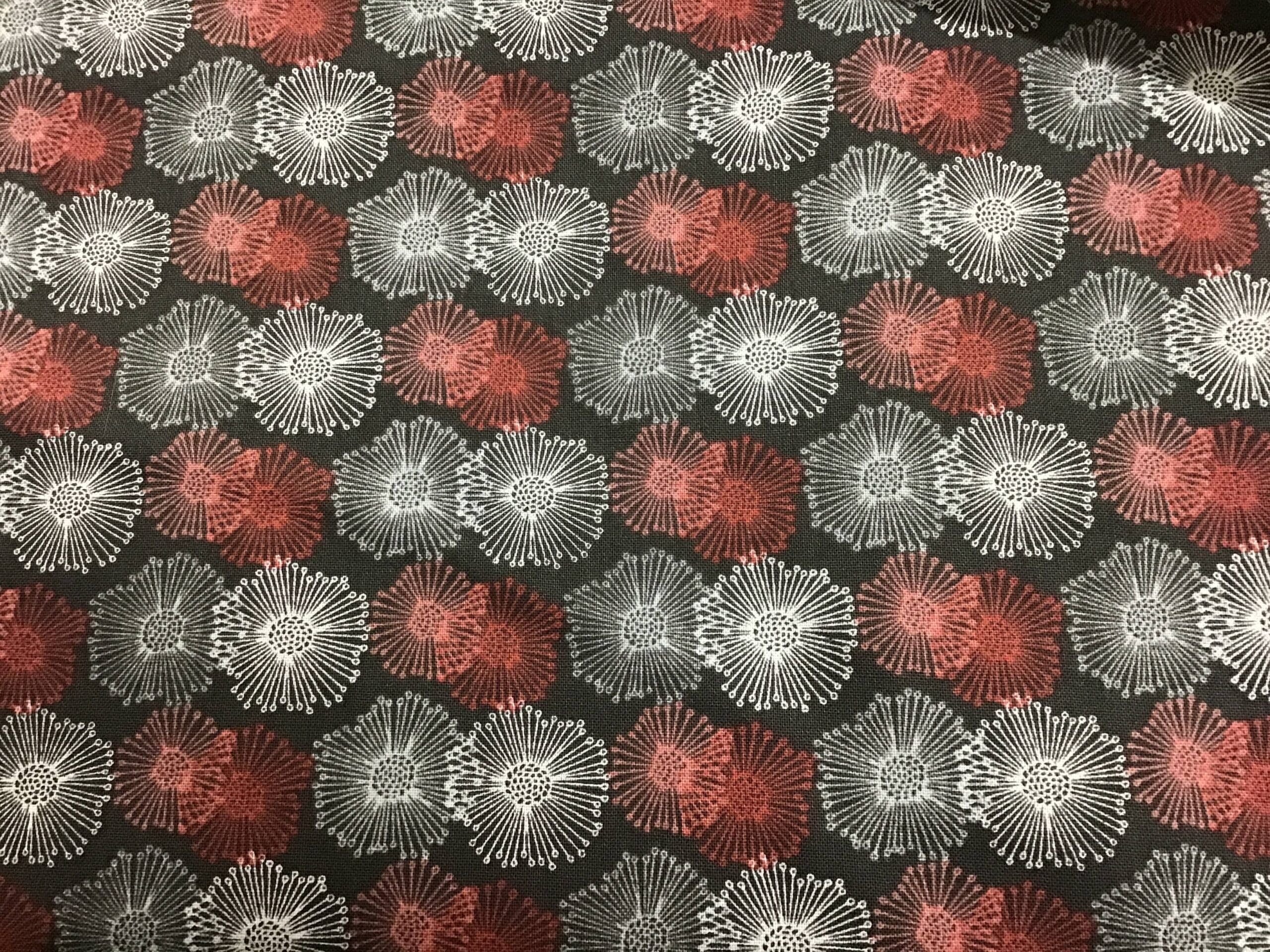 SPRINGTIME FLORAL FF62 red starbursts on grey fabric SPRINGTIME FLORAL FF62 red starbursts on grey fabric