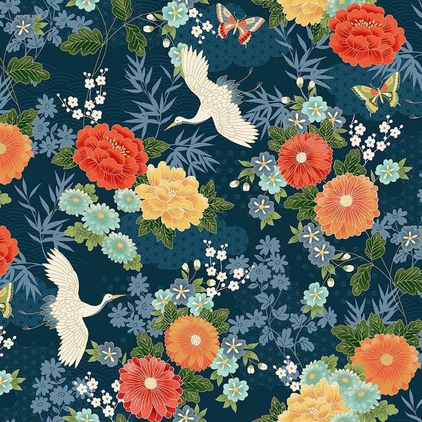 Michiko 2330B Cranes Large Floral Coral on Blue by Makower fabrics Michiko Cranes