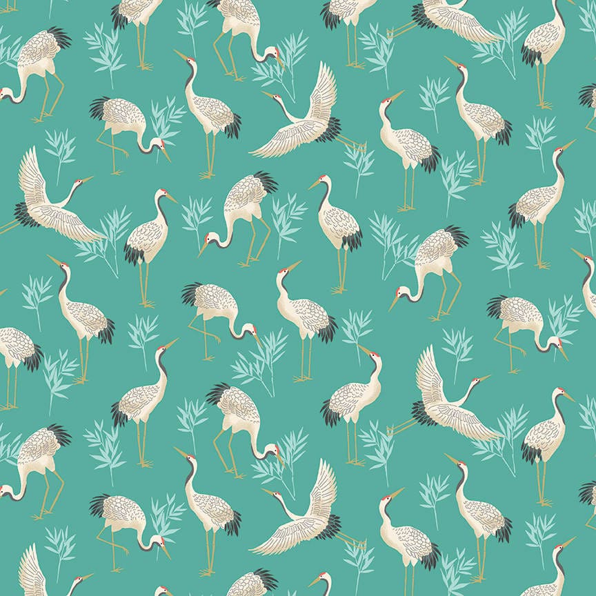 Michiko 2331T Cranes on Turquoise by Makower fabric Michiko 2331T Cranes on Turquoise by Makower fabric