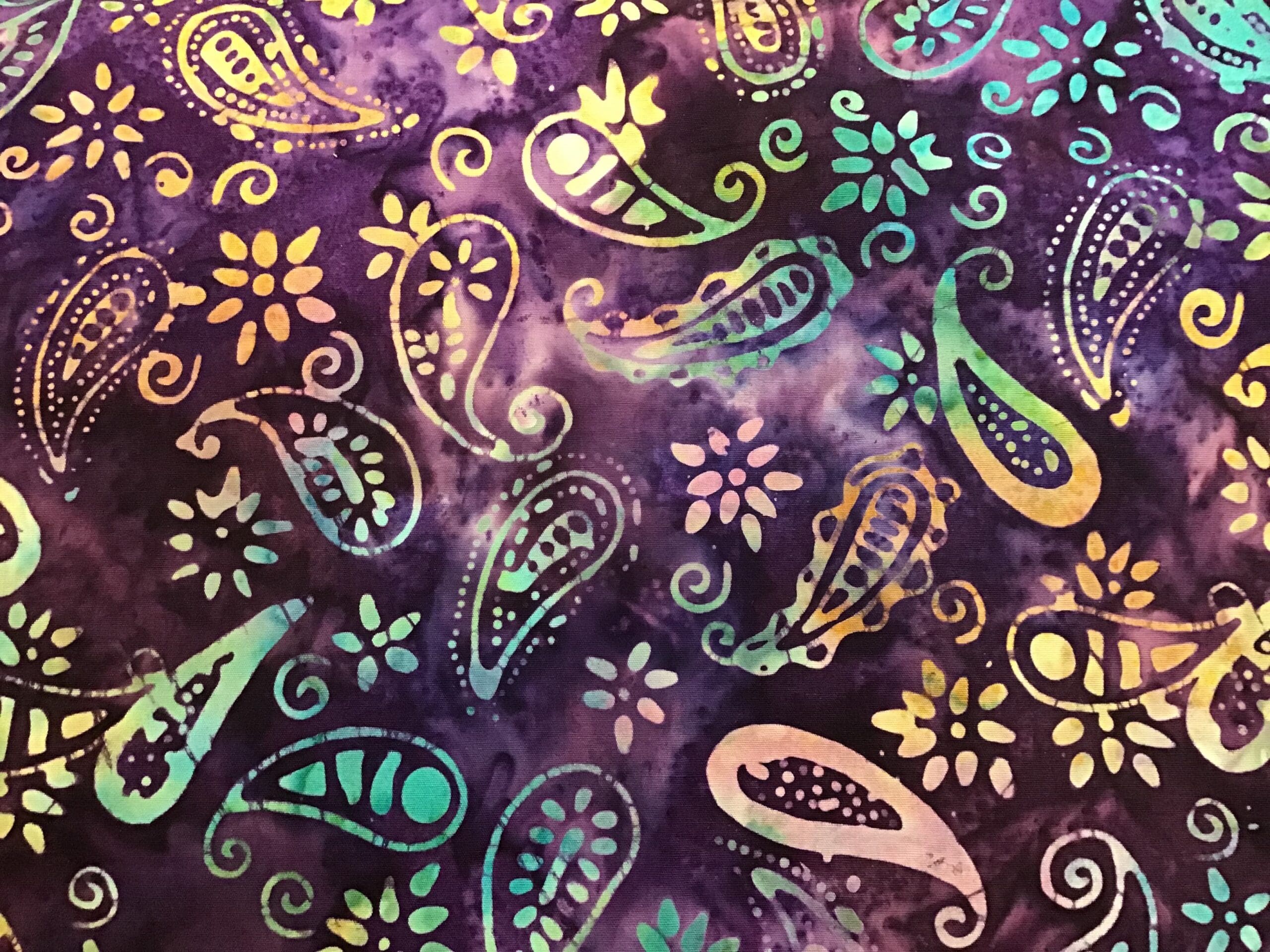 Batik Paisley2 Yellow Blue Lilac on Purple fabric Batik Paisley2 Yellow Blue Lilac on Purple fabric
