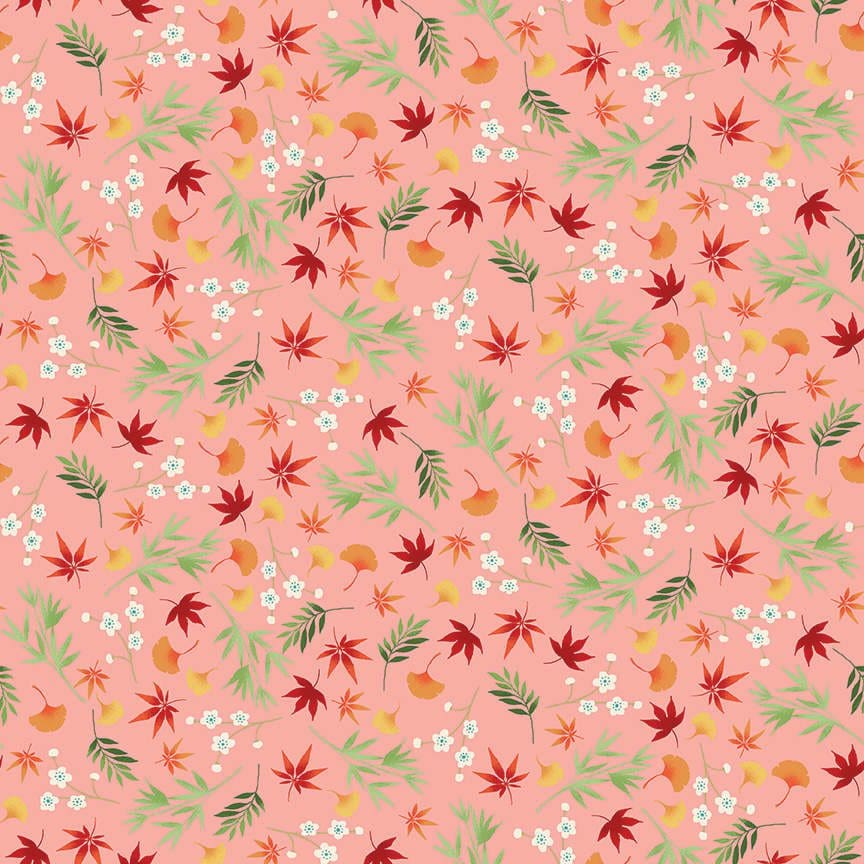 Michiko 2333P Leaf Foliage on Coral Pink by Makower fabric Michiko 2333P Leaf Foliage on Coral Pink by Makower fabric