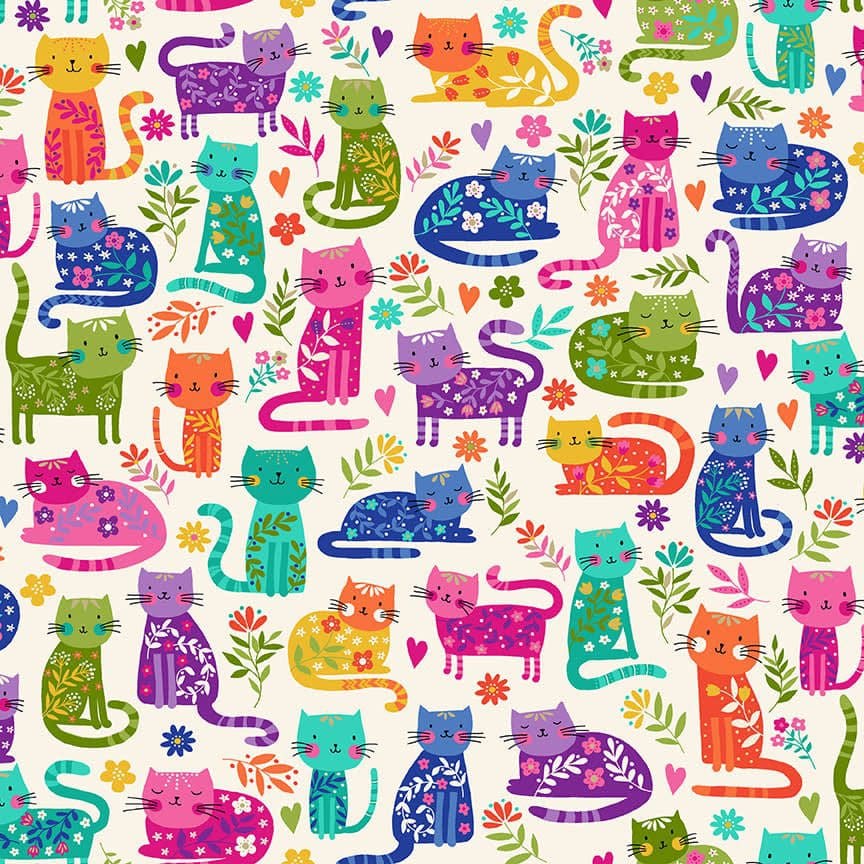 Katie’s Cats 2348 Allover Bright Multi Cats on Cream by Makower fabrics Katies Cats fabric