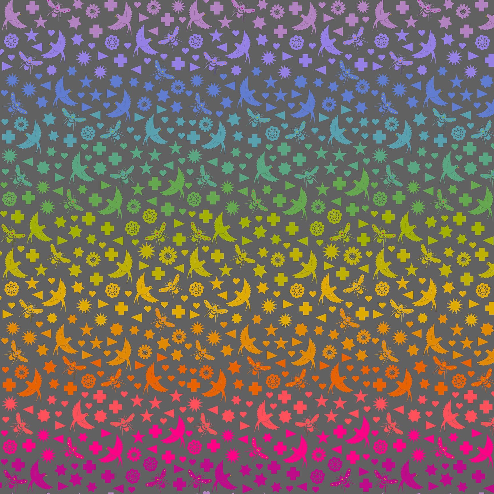 Art Theory 9699C Birds & Bees Rainbow on Charcoal Grey by Alison Glass for Makower Art Theory 9699C Birds & Bees Rainbow on Charcoal Grey by Alison Glass for Makower