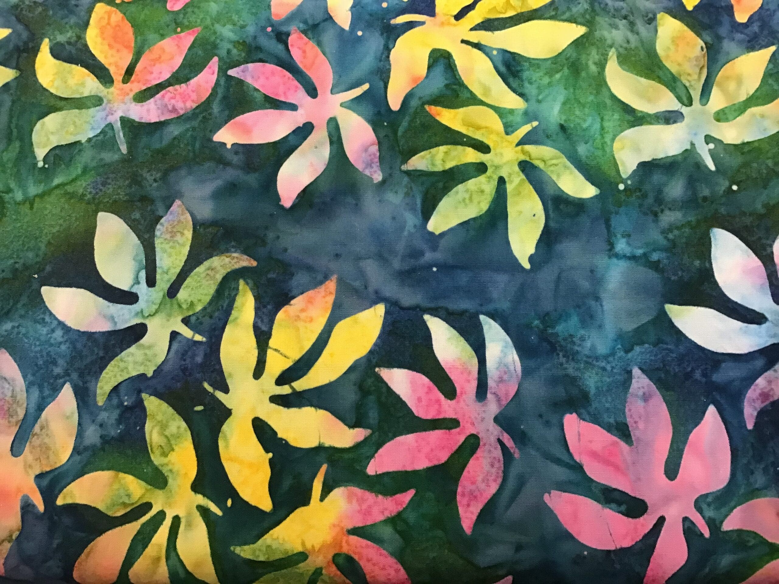Batik Seaweed Pink Yellow on Green fabric Batik Seaweed Pink Yellow on Green fabric