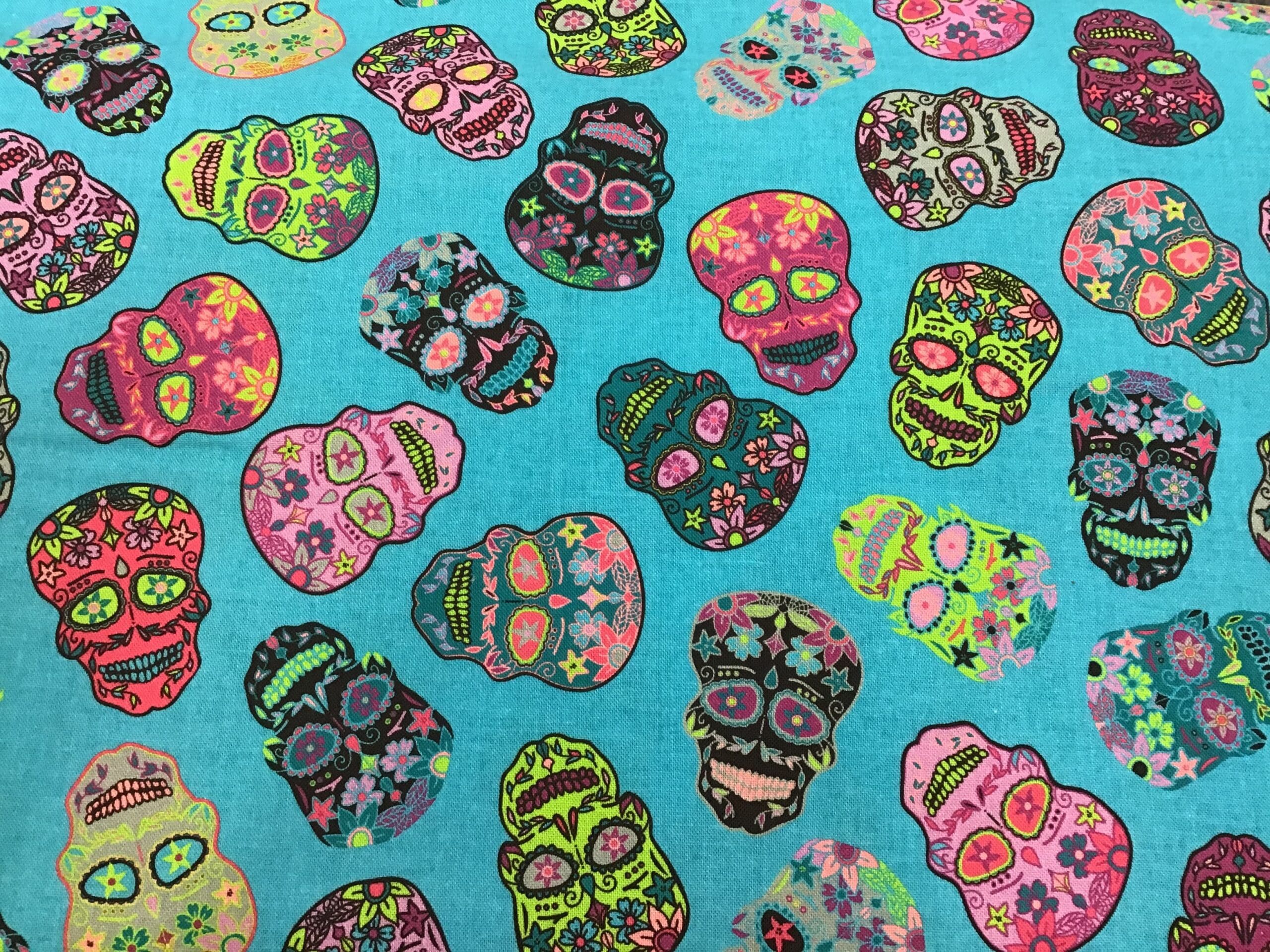 Sugar Skulls 80220 Multi on Turquoise by Nutex fabrics Sugar Skulls 80220 Multi on Turquoise by Nutex fabrics