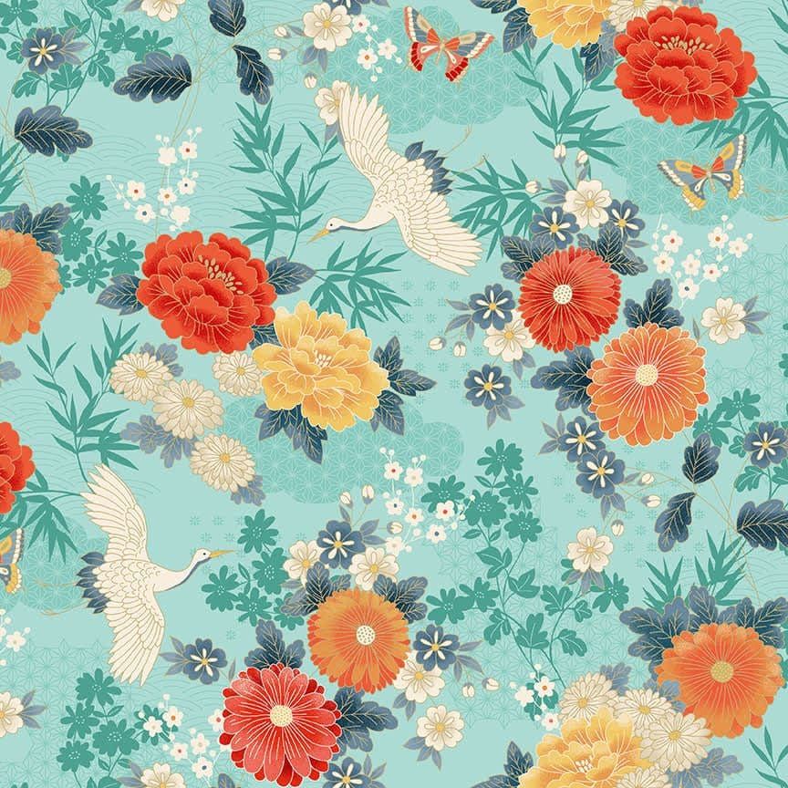 Michiko 2330T Cranes Large Floral Coral on Turquoise by Makower fabric Michiko 2330T Cranes Large Floral Coral on Turquoise by Makower fabric