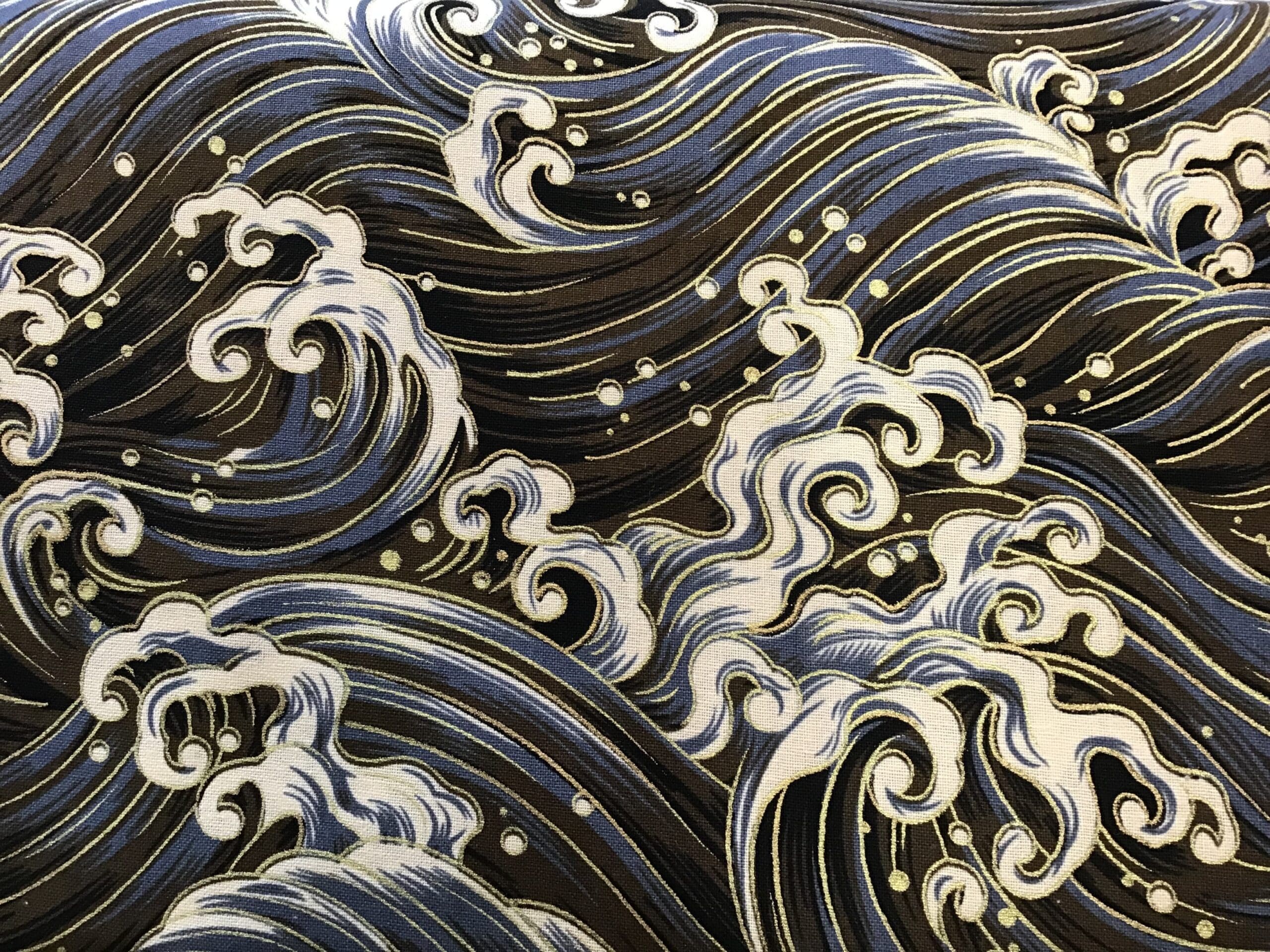 Japanese Waves PO2703 Large Black grey gold fabric. 54”wide Japanese Waves PO2703 Large Black grey gold fabric. 54”wide