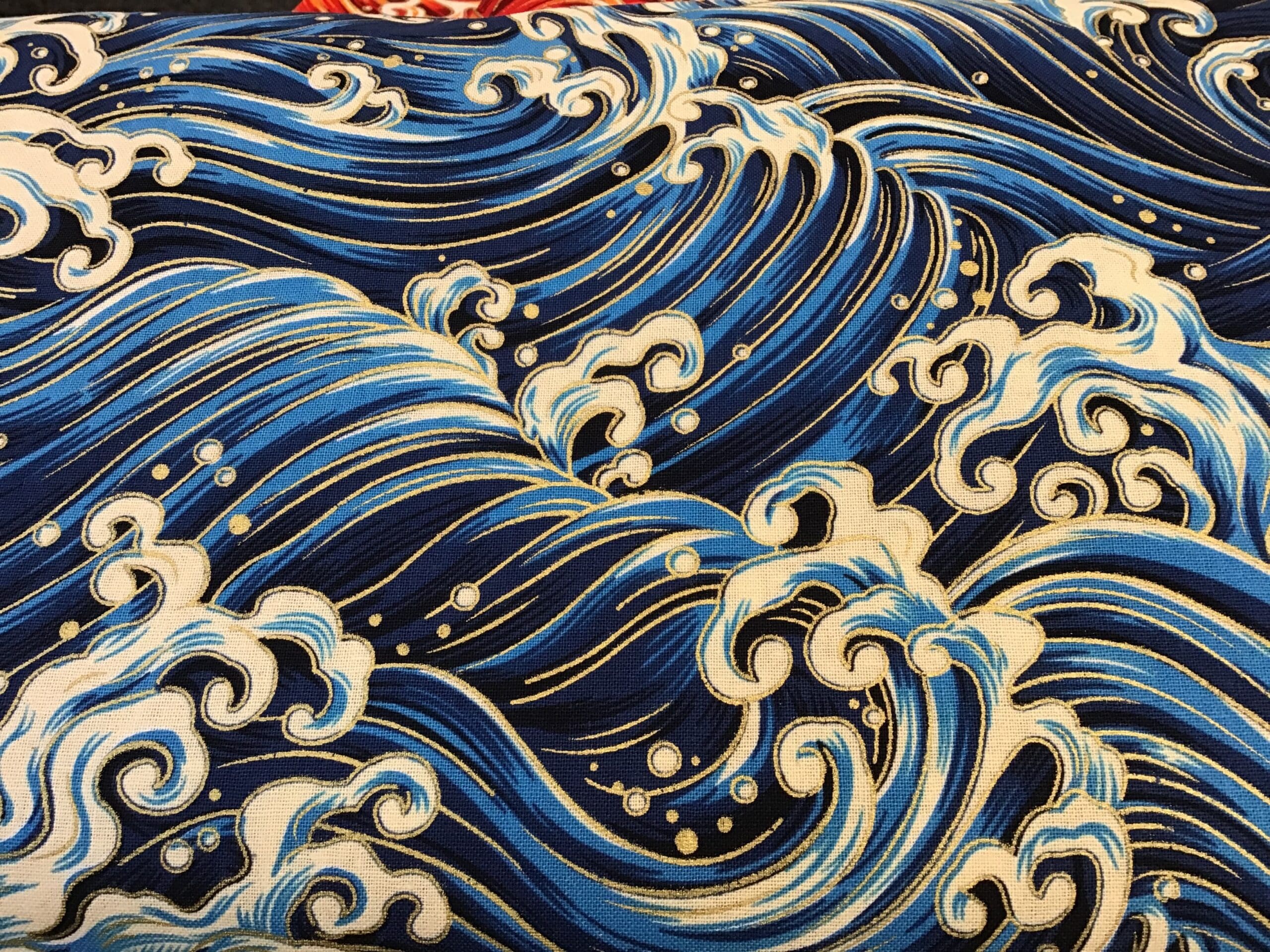 Japanese Wave PO2702 Large Blue White Gold fabric. 54” wide Japanese Wave PO2702 Large Blue White Gold fabric. 54” wide