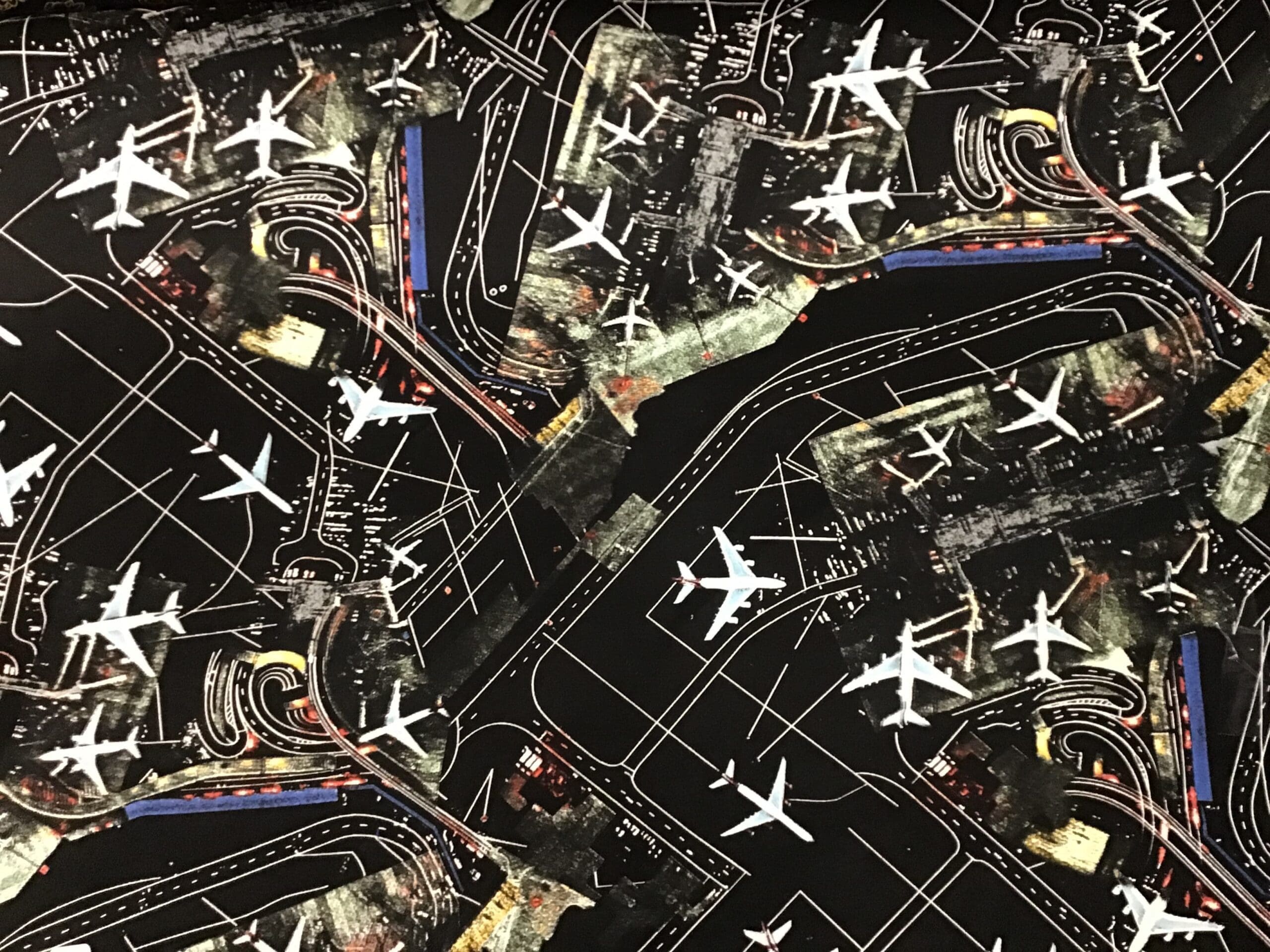 Cotton Canvas PO9433 Airplanes & Airport on black fabric. 54” wide Cotton Canvas PO9433 Airplanes & Airport on black fabric. 54” wide