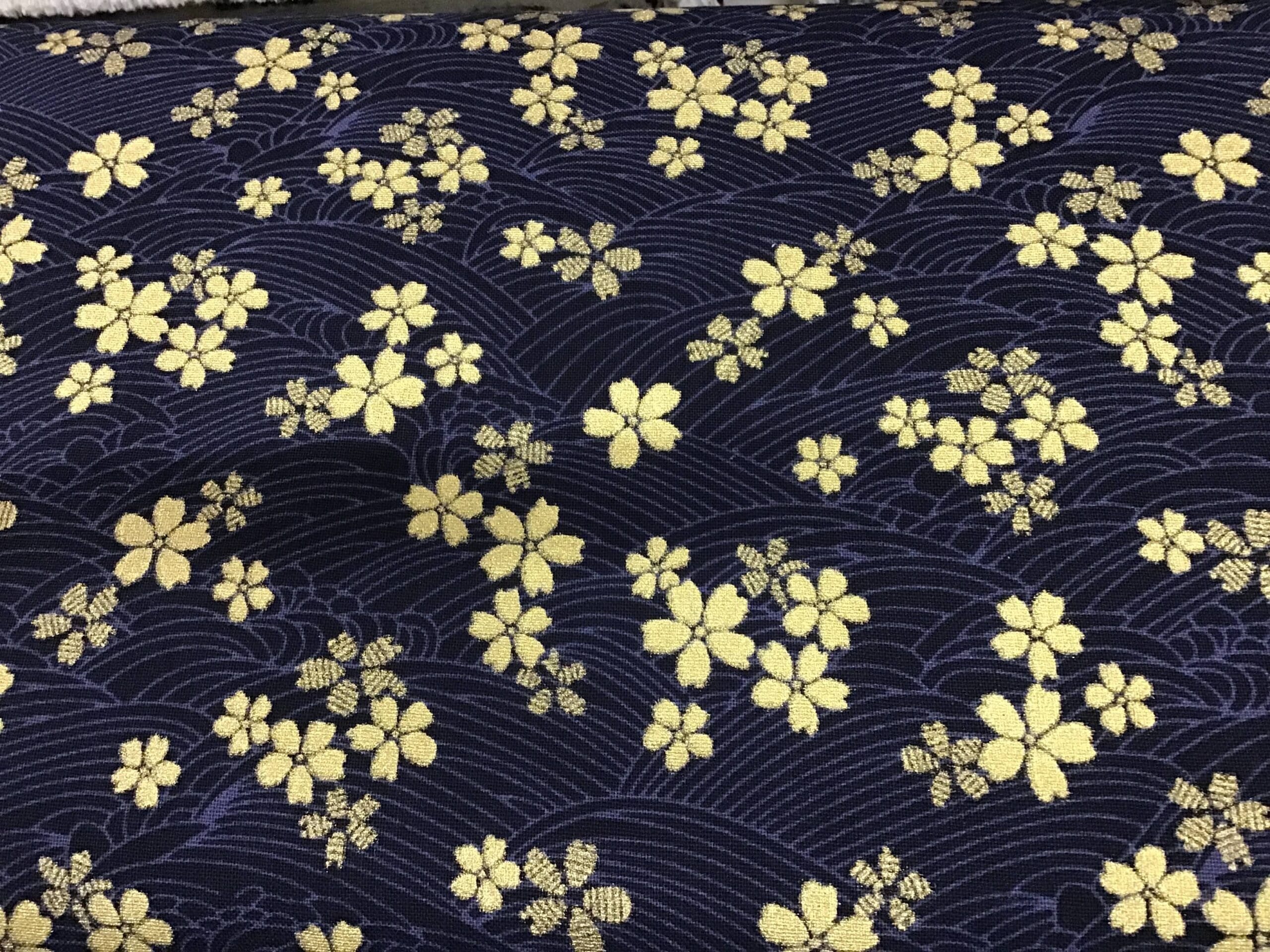 Cherry Blossom metallic PO262 Gold on Navy blue fabric Cherry Blossom metallic PO262 Gold on Navy blue fabric