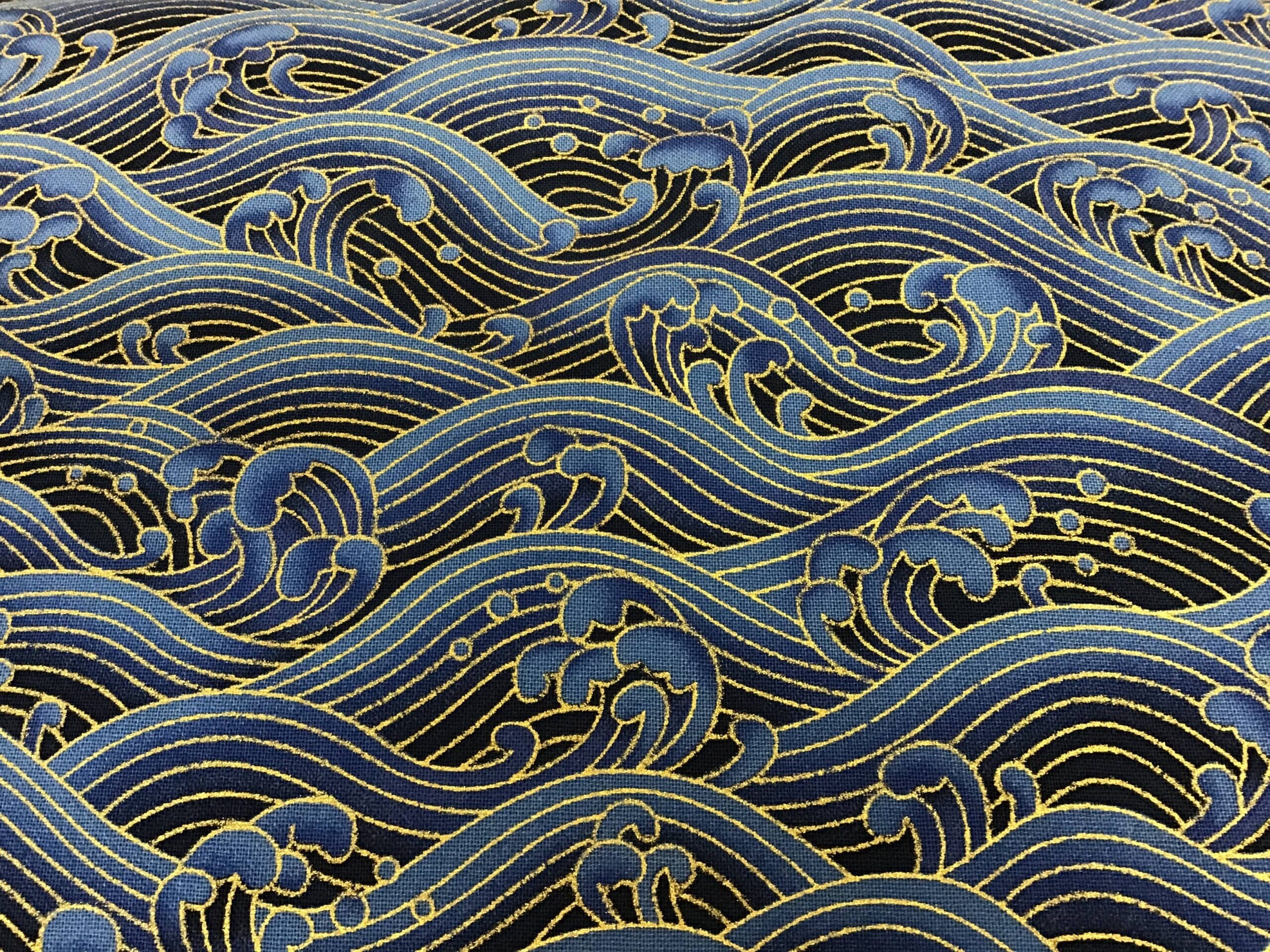 Japanese Wave PO3442 Small Blue navy gold fabric 54” wide Japanese Wave PO3442 Small Blue navy gold fabric 54” wide