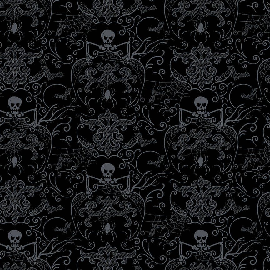 Midnight Haunt 9781K Spooky Skeleton Damask Night Black fabric by Makower Midnight Haunt 9781K Spooky Skeleton Damask Night Black fabric by Makower