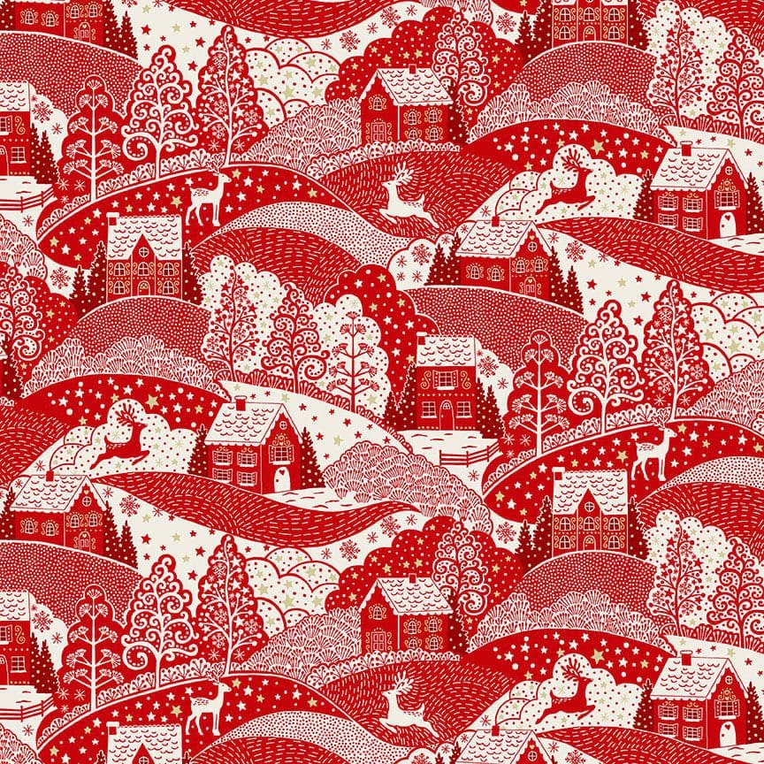 Scandi Christmas 2355R Red Landscape Metallic by Makower fabrics Scandi Christmas 2355R Red Landscape Metallic by Makower fabrics