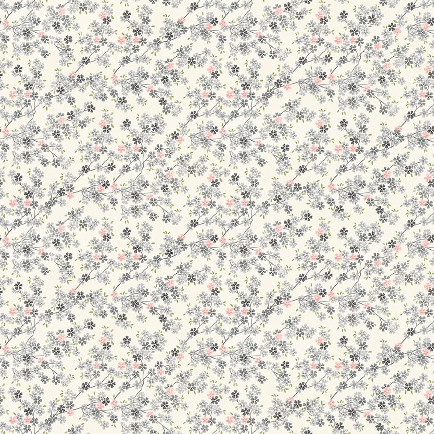 Tranquility 2410S1 Cherry Branch Pink grey on cream fabric by Makower Tranquility 2410S1 Cherry Branch Pink grey on cream fabric by Makower