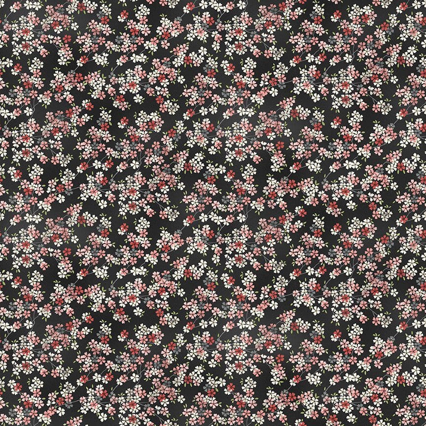 Tranquility 2410P7 Cherry Branch Pink on Black fabric by Makower Tranquility 2410P7 Cherry Branch Pink on Black fabric by Makower