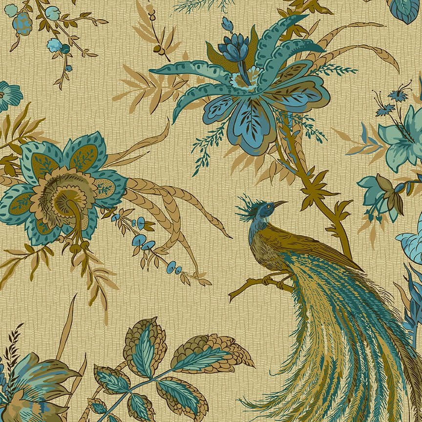 Windermere Rochester 9124B Blue Peacock on Tan fabric by Di Ford Hall Windermere Rochester 9124B Blue Peacock on Tan fabric by Di Ford Hall