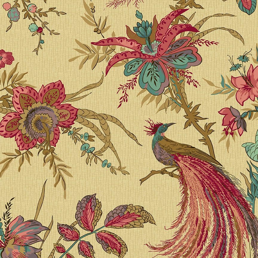 Windermere Rochester 9124R Pink Peacock on Tan fabric by Di Ford Hall Windermere Rochester 9124R Pink Peacock on Tan fabric by Di Ford Hall