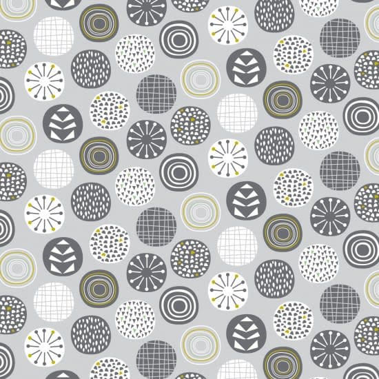 80750 Leafy Meadow Circles Grey, Black, Gold, Mustard, White fabric 80750 Leafy Meadow Circles Grey, Black, Gold, Mustard, White fabric