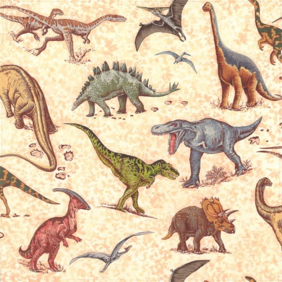 80300 Lost World 102 Scatter Dinosaurs Multi on Cream Sand by Nutex fabrics Lost world dinosaur fabric