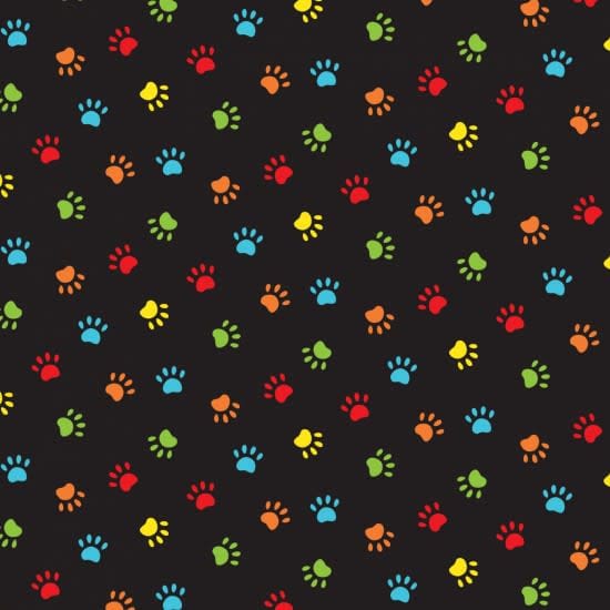 89980 Happy Paws 102 Paws Multi on Black by Nutex fabrics 89980 Happy Paws 102 Paws Multi on Black by Nutex fabrics