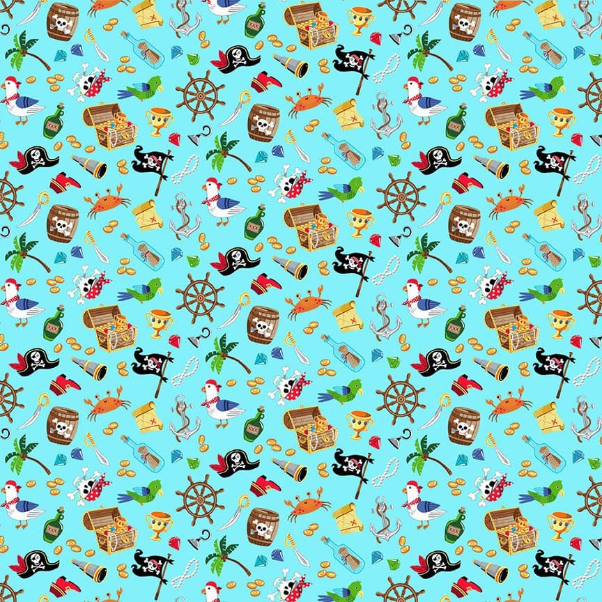 Pirates 2432B Icons on blue fabric by Makower Pirates 2432B Icons on blue fabric by Makower