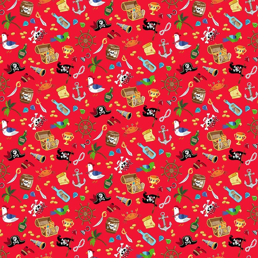 Pirates 2432R Icons on red fabric by Makower Pirates 2432R Icons on red fabric by Makower