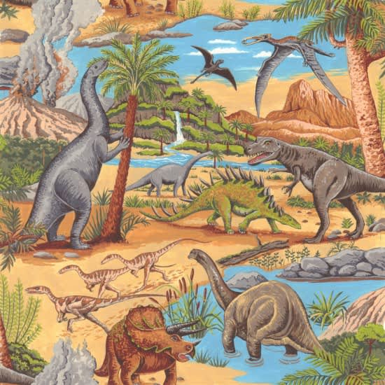 80300 Lost World 101 Scenic Dinosaurs Multi on Golden Sand by Nutex fabric 80300 Lost World 101 Scenic Dinosaurs Multi on Golden Sand by Nutex fabric