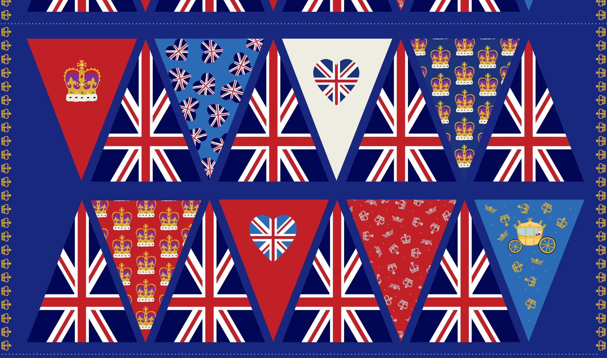 Jubilee A609 Bunting Panel Union Jack Crowns Hearts by Lewis and Irene Fabrics Red White Blue Jubilee A609 Bunting Panel Union Jack Crowns Hearts by Lewis and Irene Fabrics Red White Blue