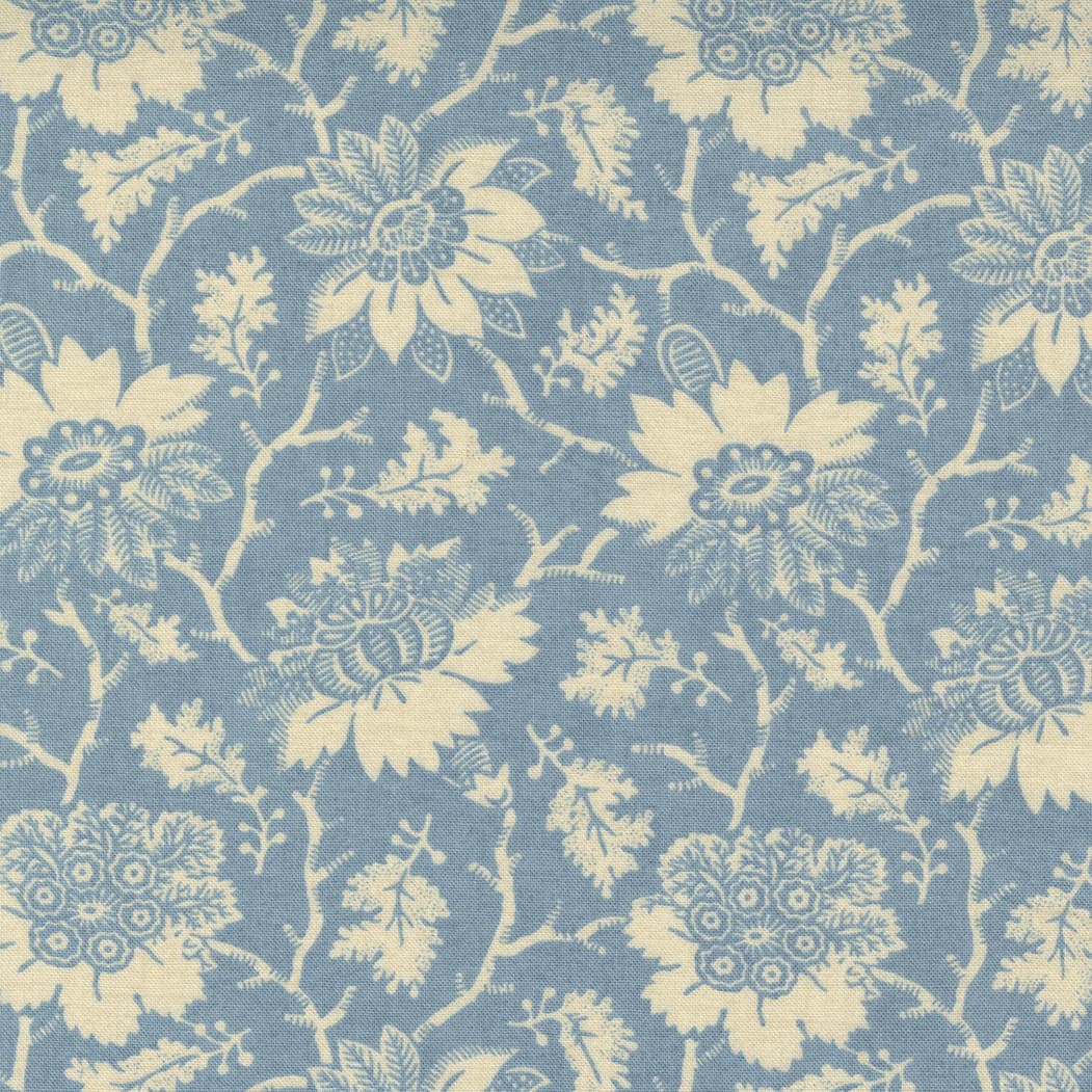 La Vie Boheme 1390012 Carmen Cream on Blue Jacobean Floral by French General for Moda fabrics La Vie Boheme 1390012 Carmen Cream on Blue Jacobean Floral by French General for Moda fabrics