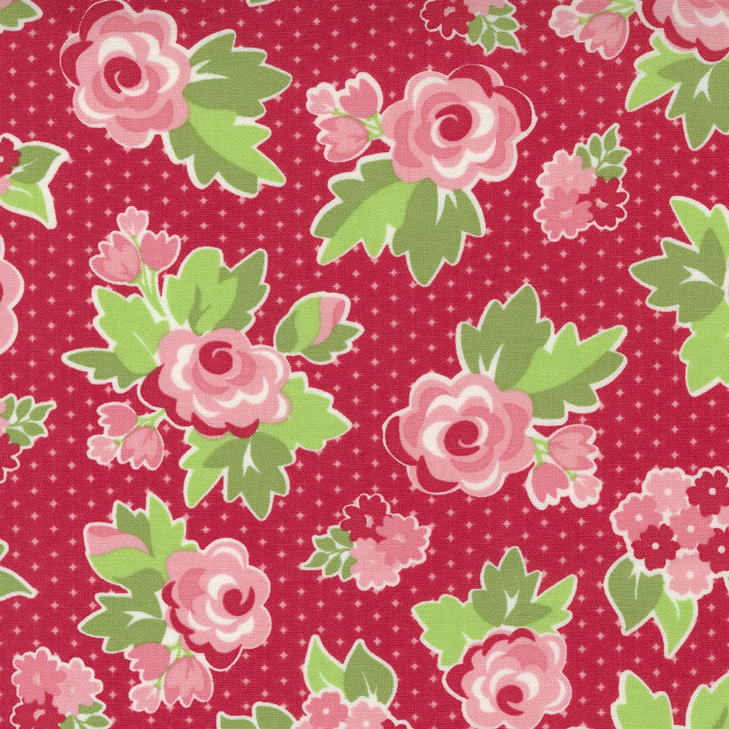 Love Lily 2411012 Large Pink roses on Red by Moda fabrics Love Lily 2411012 Large Pink roses on Red by Moda fabrics
