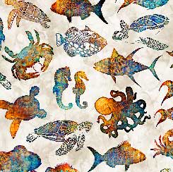 Pacifica 28817E Sealife icons on cream by QT fabrics Pacifica 28817E Sealife icons on cream by QT fabrics