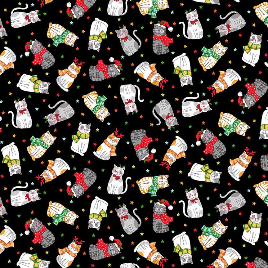 Santa Paws 2476X Cat Scatter Multi on Black by Makower fabrics Santa Paws 2476X Cat Scatter Multi on Black by Makower fabrics