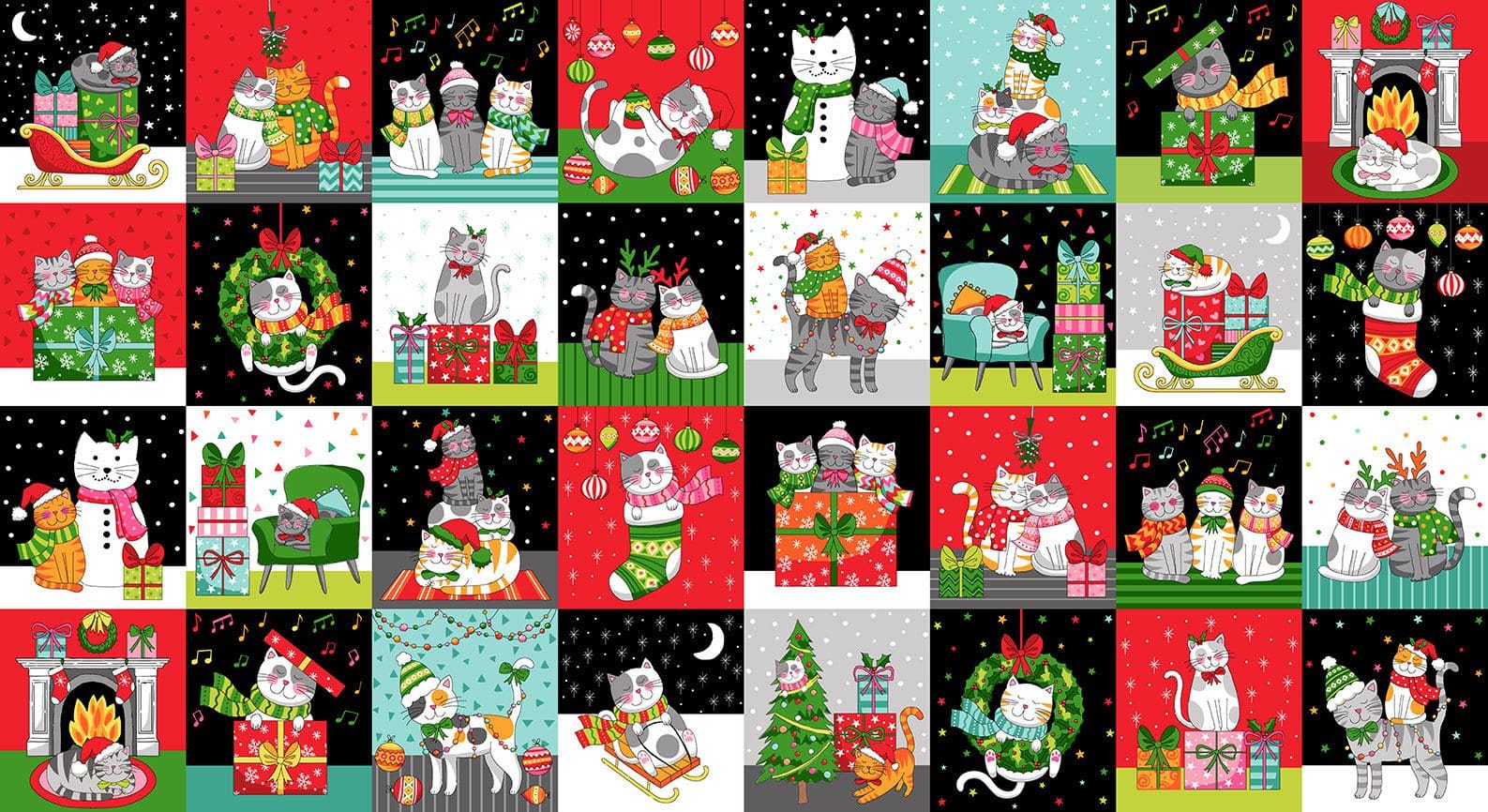 Santa Paws 24781 Cat Blocks Multi on Black by Makower fabrics Santa Paws 24781 Cat Blocks Multi on Black by Makower fabrics