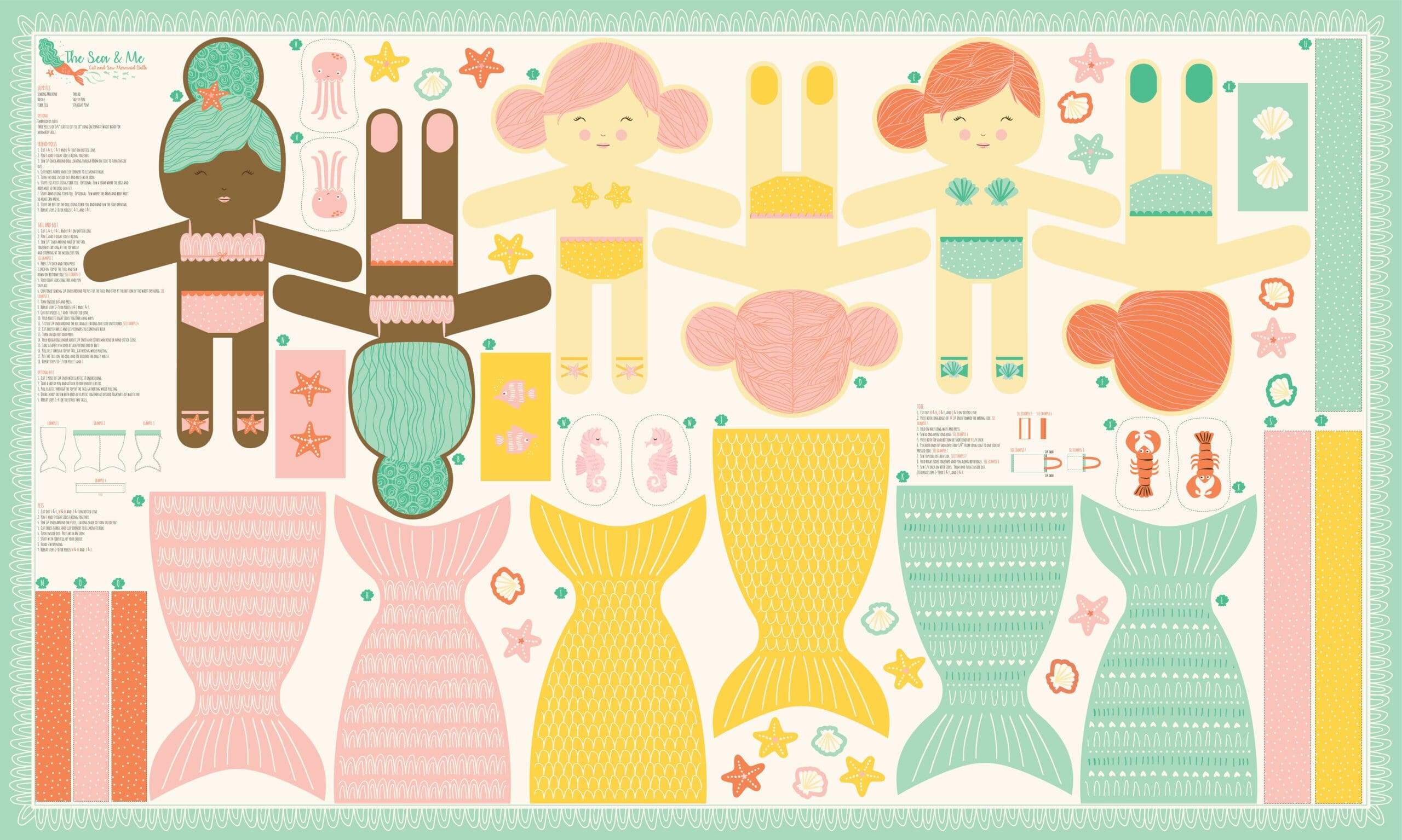 Sea & Me 2079111 Mermaid Doll 36″x60″ panel makes 3 dolls by Stacey Iest Hsu for Moda fabrics Sea & Me 2079111 Mermaid Doll 36"x60" panel makes 3 dolls by Stacey Iest Hsu for Moda fabrics
