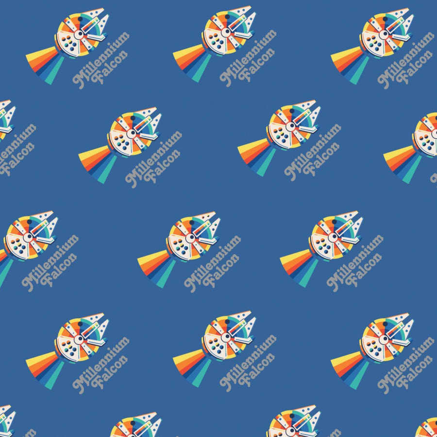 Star Wars 73010931 Millennium Falcon Rainbow Multi on blue fabric Star Wars 73010931 Millennium Falcon Rainbow Multi on blue fabric