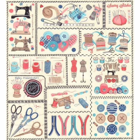 Sew Vintage 80590101 Cream Haberdashery sewing notions panel by Nutex fabrics. 2 x 60cm wide panels. Sew Vintage 80590101 Cream Haberdashery sewing notions panel by Nutex fabrics. 2 x 60cm wide panels.