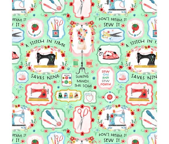 Stitch in Time MMCX10218 Saves Nine Sewing Icons on Green by Michael Miller fabrics Stitch in Time MMCX10218 Saves Nine Sewing Icons on Green by Michael Miller fabrics