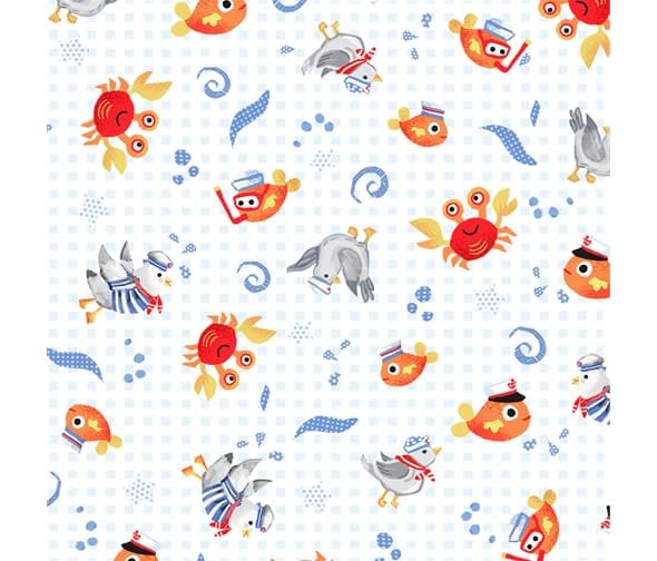 Baby Beluga 4682MT Seagulls & Fish Multi on White fabric by P&B Textiles Baby Beluga 4682MT Seagulls & Fish Multi on White fabric by P&B Textiles