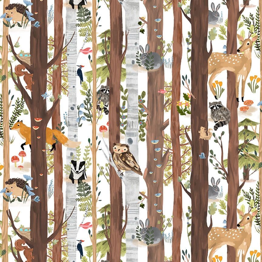 Forest Critters 233541 Woodland Animals in Trees on White fabric by Blank Quilting Forest Critters 233541 Woodland Animals in Trees on White fabric by Blank Quilting