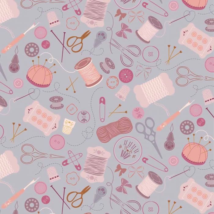 Memory Made CC17.2 Nostalgic Notions on light slate grey fabric by Lewis & Irene Memory Made CC17.2 Nostalgic Notions on light slate grey fabric by Lewis & Irene