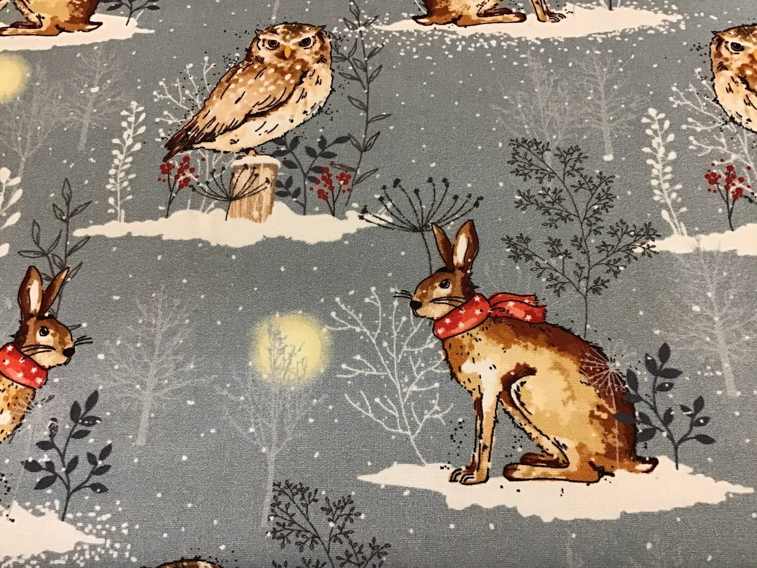 Winter Moon 80970101 Rabbits & Owls on blue by Nutex fabrics Winter Moon 80970101 Rabbits & Owls on blue by Nutex fabrics