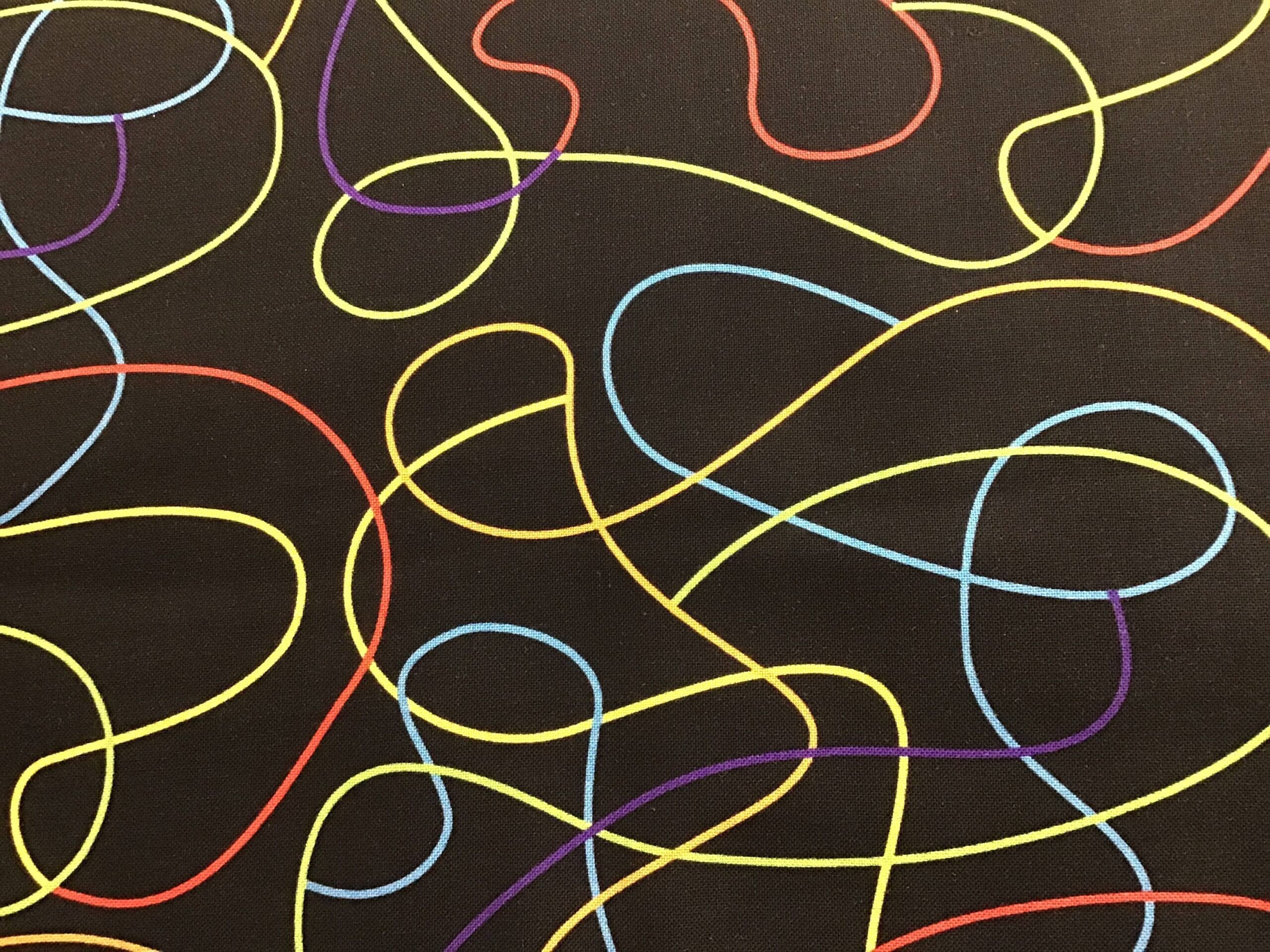 Squiggle 785501 Rainbow on Black Extra wide 108″ wide backing fabric Squiggle 785501 Rainbow on Black Extra wide 108" wide backing fabric