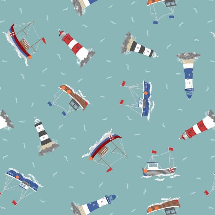 Small Things Coastal SM59.3 Boats & Lighthouses on Sea Green fabric by Lewis & Irene Small Things Coastal SM59.3 Boats & Lighthouses on Sea Green fabric by Lewis & Irene